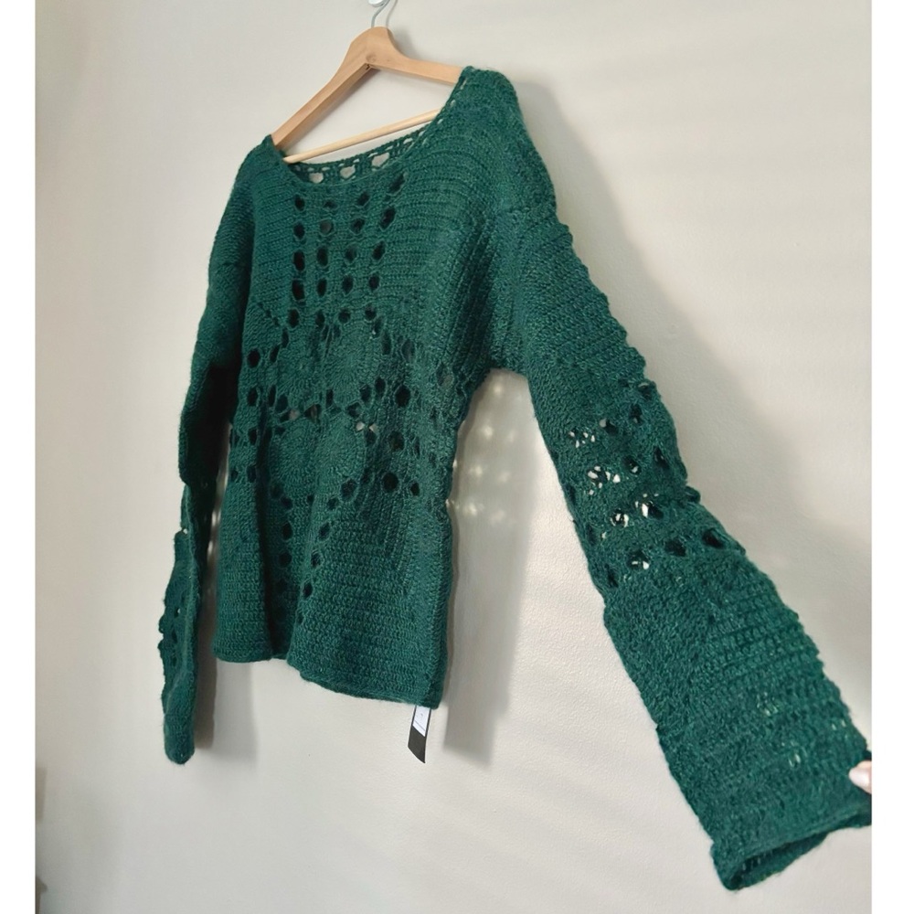Taakk Forest Green Crochet Mohair Blend Sweater